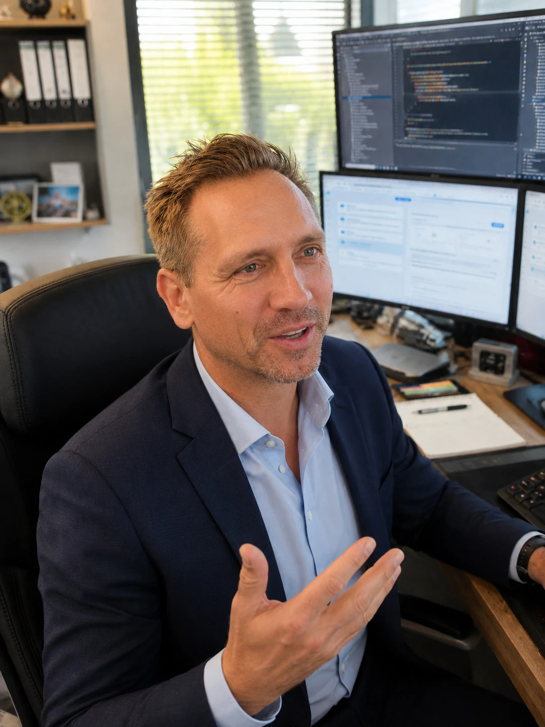 Daniel Schönland 在工作场所交谈的照片。