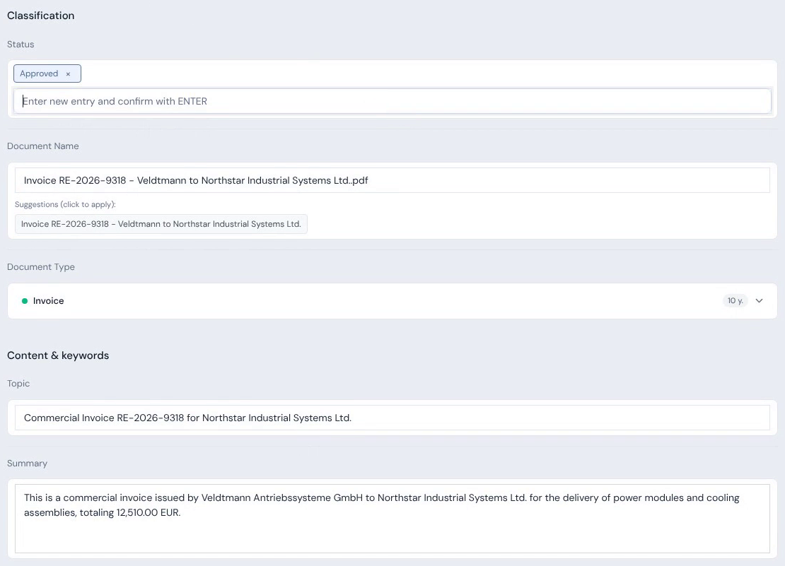 Screenshot of the PaperOffice app: an invoice's properties with status, document type, topic and summary (demo data, fictional)