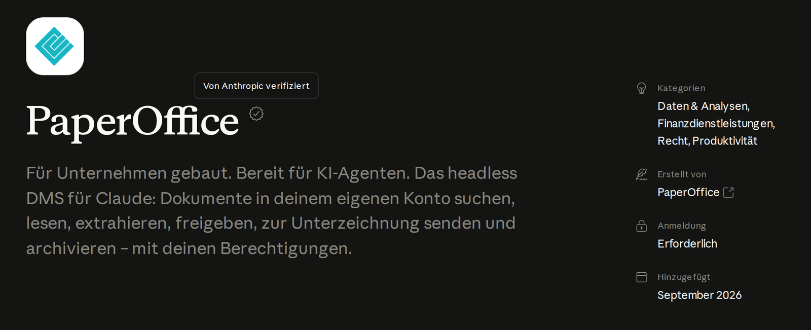 Unser Eintrag auf claude.com: PaperOffice mit der Plakette ‚Von Anthropic verifiziert‘