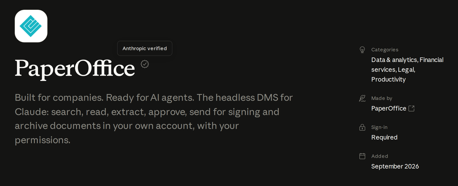 Our listing on claude.com: PaperOffice with the badge ‘Anthropic verified’