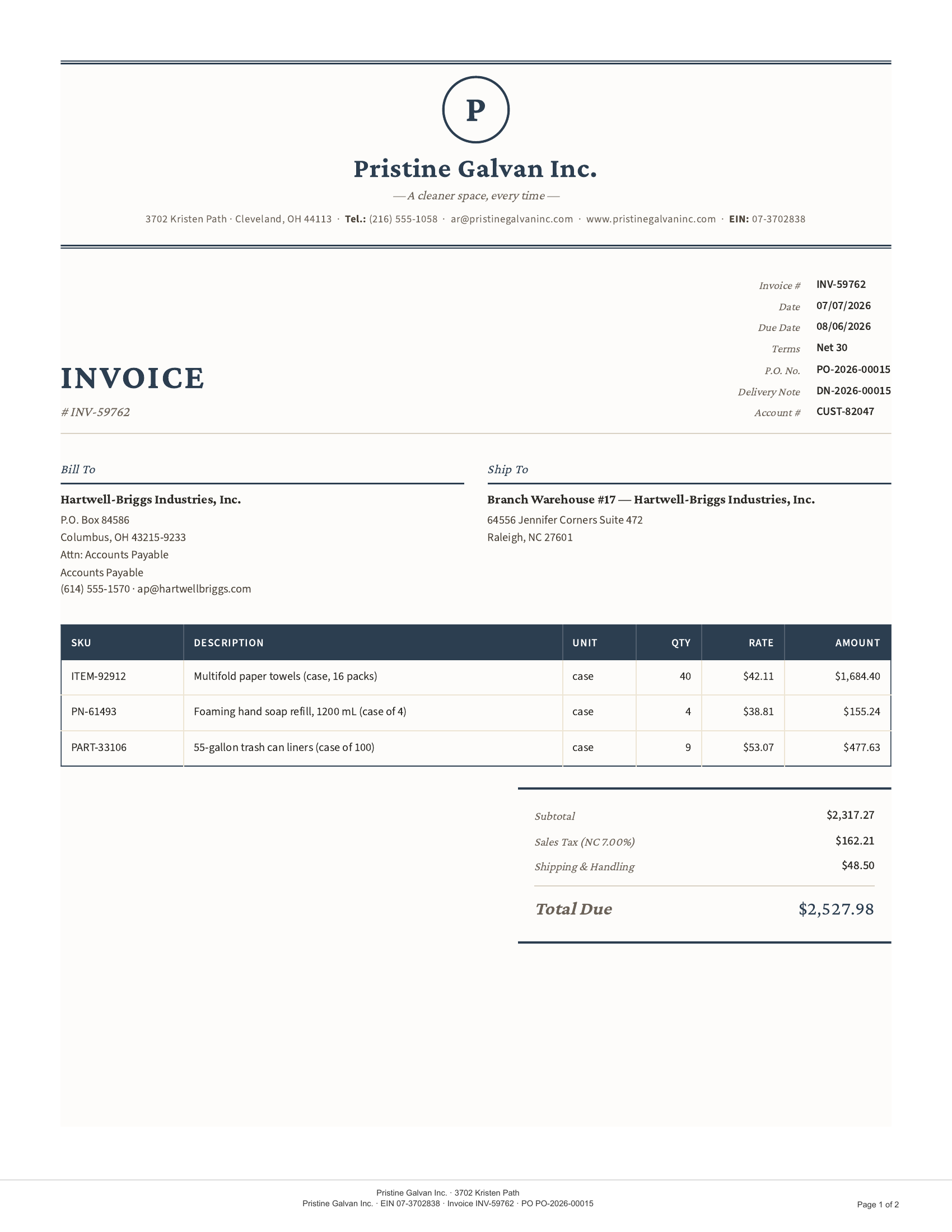 Sample invoice Pristine Galvan Inc., INV-59762