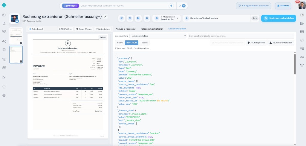 IDP agent editor showing extracted raw JSON