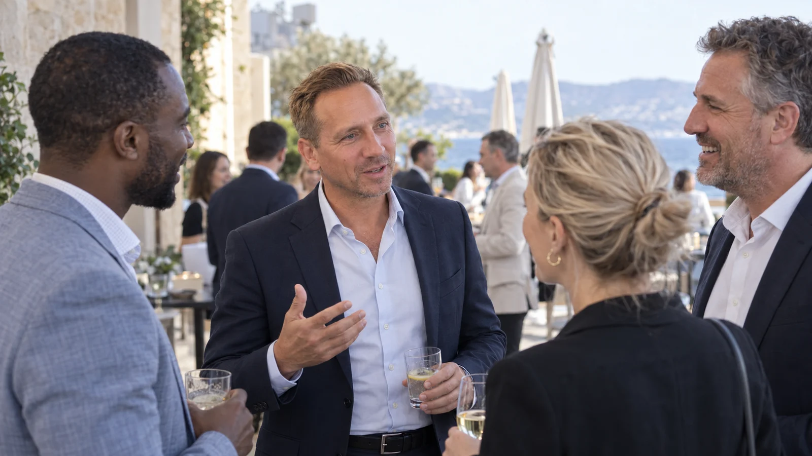 Daniel en discussion avec un groupe sur une terrasse.