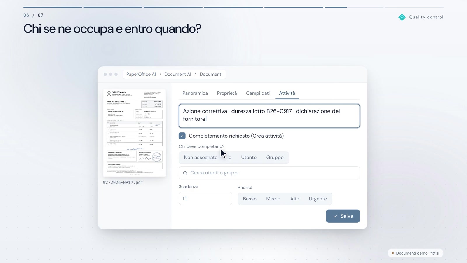 Valori di prova letti. Deviazioni documentate.